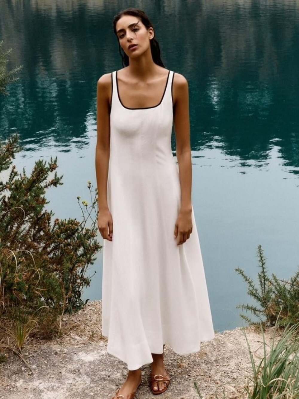 Zara Womens Linen Dress Midi Small Oyster White Sleeveless 8214/393 NWT